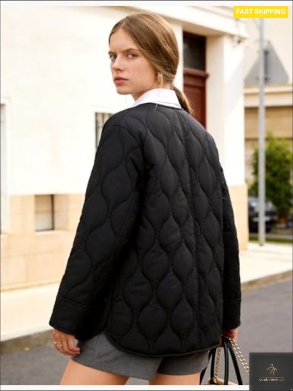 Oversized Quilted Puffer Jacket Lightweight Button Down Chic Outerwear - Picture 6 of 7